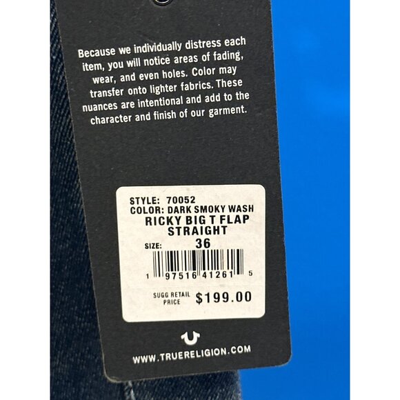 True Religion Mens Ricky Relaxed Straight Jeans Dark Smoky Wash W36 L34 Cotton B - Picture 2 of 8